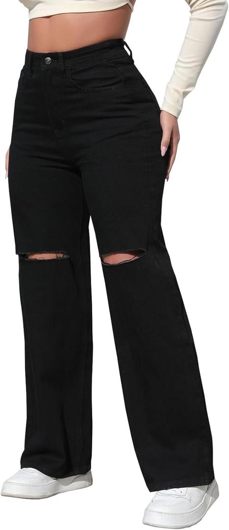 LONGBIDA Womens High Waist Ripped Straight Wide Leg Baggy Jeans Y2k Boyfriend Distressed Loose Denim Pants, X-Large