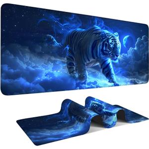 Blue Tiger in Moonlight Gaming Mouse Pad, Desk Mat for Desktop, Women PU Leather Waterproof Computer Laptop Desk Accessories Protector Writing Pads for School Office Home, 35.43 x 15.75 in (11)