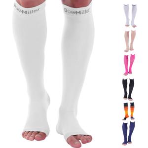 Doc Miller, Open Toe Compression Socks, 8-15 mmHg, Toeless, Support Circulation, Shin Splints, Calf Recovery, Varicose Veins, Knee High, Medical Grade, White Socks, Large Size for Men & Women, Pair