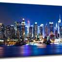 Biuteawal New York Wall Art Living Room Decor Beautiful Manhattan City Skyline Night Light Photo Poster Prints on Canvas Blue Cityscape Picture for Home Office Bedroom Decoration Ready to Hang