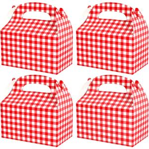 Red and White Gingham Treat Boxes 24 Pieces Candy Gable Boxes Goodies Boxes Cardboard Present Boxes with Handles for Birthday Party Family Dinner Picnic Barbecue Mother's Day Party