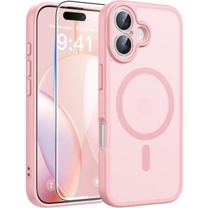 FNTCASE for iPhone 16 Case: [Compatible with Magsafe] Translucent Matte Cases with [Full Camera Protection] [Screen Protector] Military Grade Shockproof Protective Phone Cover - Light Pink