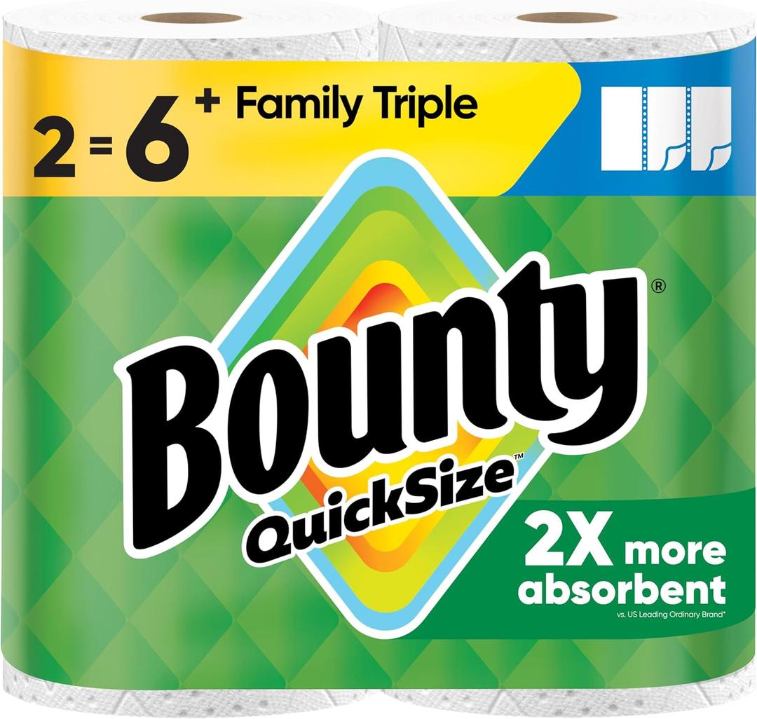 Bounty Paper Towels Quick Size, White, 2 Family Triple Rolls = 6+ Regular Rolls