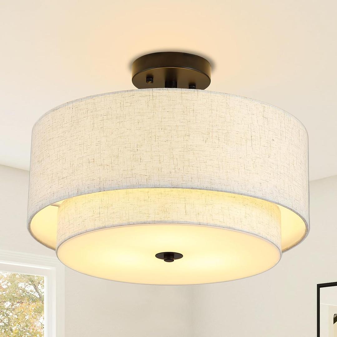 16" Semi Flush Mount Ceiling Light Fixture, 3-Light Gold Flush Mount Ceiling Light with Double Drum Linen Shades for Entryway Dining Room Bedroom Kitchen Hallway Living Room, E26 Socket (Black)