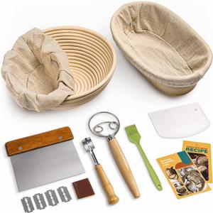 RORECAY Bread Banneton Proofing Basket Set, 9 Inch Round & 10 Inch Oval Cane Sourdough Baskets with Dough Whisk Bread Lame Dough Scraper Bowl Scraper Silicone Brush Sourdough Bread Baking Supplies