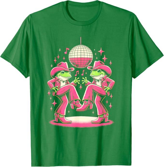 Funny Frog In Pink Cowboy Costume Disco Dance 60s 70s Party T-Shirt (Small, Green)