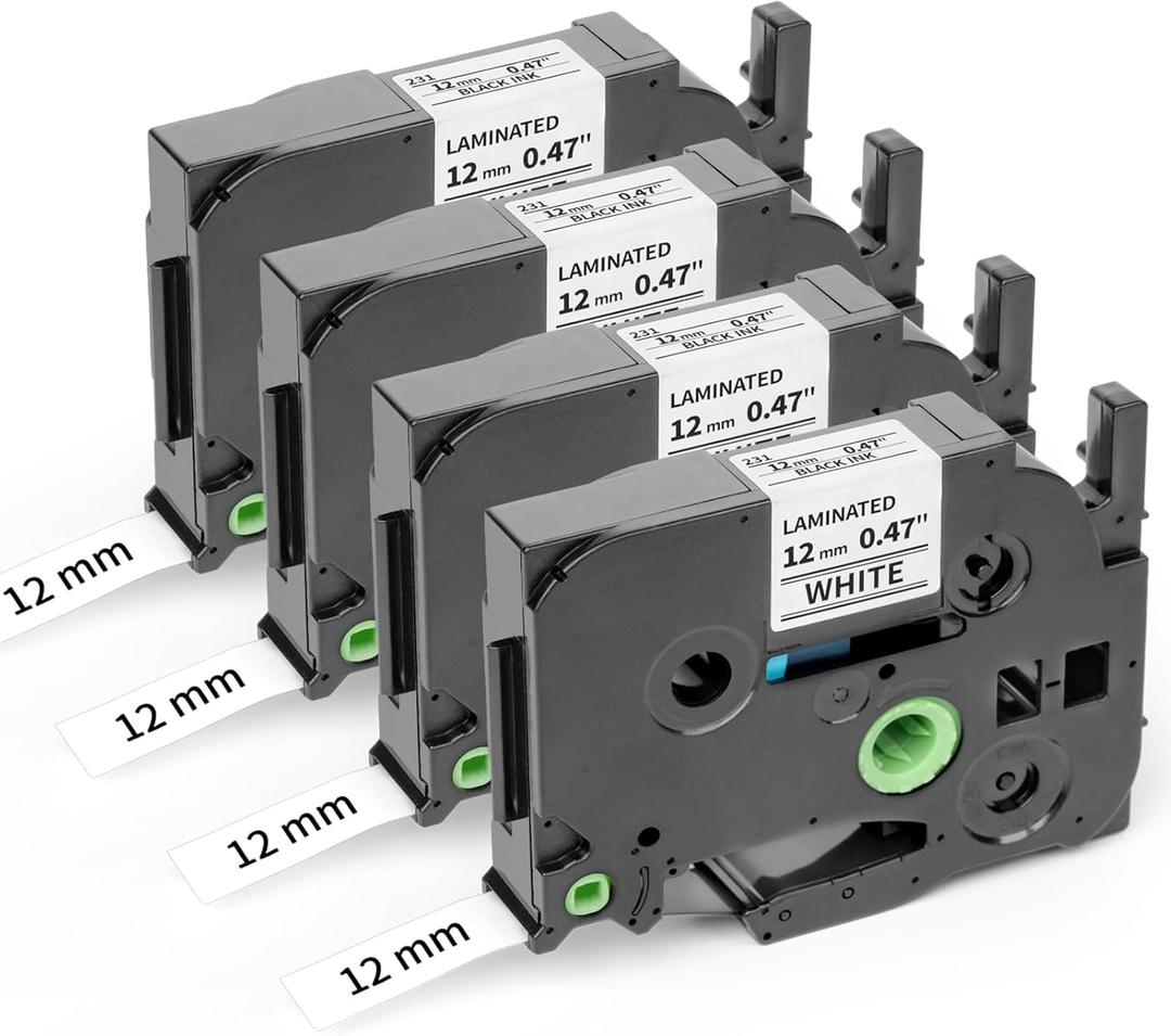 Replace for Brother Label Maker Tape Tze Tz Tape 12mm 0.47 Laminated White Compatible with Brother P Touch Label Tape 1/2" Black on White TZe-231 TZE231 for PT-D210 D220 H110 D400 D410 D600, 4-Pack