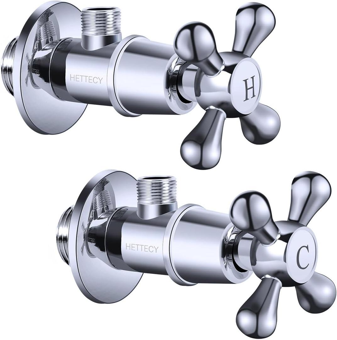 Angle Valve 2 Pack NPT 1/2'' Inlet x 3/8'' Outlet Angle Stop Valve, Brass Shut-Off Valve for Bathroom and Kitchen Plumbing, Toilet and Faucets National (American) Pipe Thread (Silver)