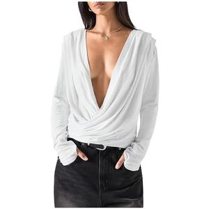 SweatyRocks Women's Wrap Deep V Neck Ruched T Shirts Sexy Long Sleeve Loose Plain Tees Streetwear Small