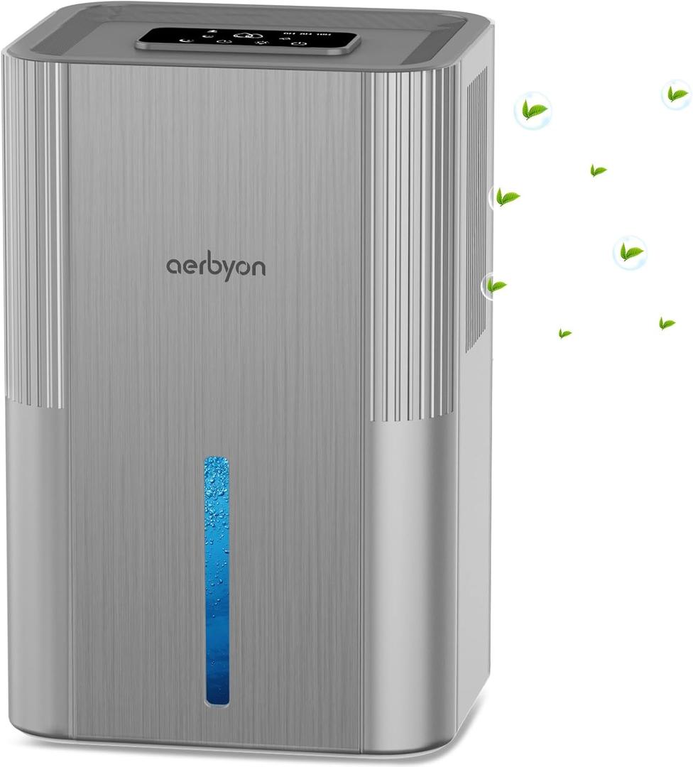 Aerbyon Dehumidifiers for Home 95 OZ Water Tank(1000 sq. ft) Dehumidifier for Bathroom with Auto Shut Off, 7 Colors Light, Quiet Sleep Mode Dehumidifier for Bedroom, Basement, RV, Closet, Metallic Gray