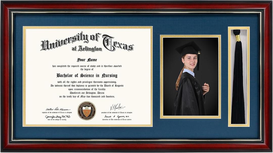 GraduationMall 11x22 Cherry Diploma Frame with Tassel Holder and Picture for 8.5x11 Certificate 5x7 Photo,Tempered Glass,Navy Blue over Gold Mat