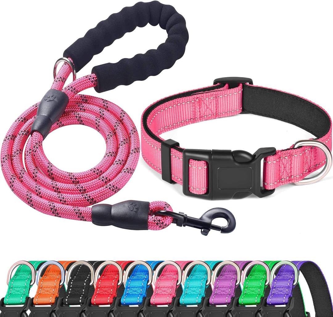Ladoogo Reflective Dog Collar Padded with Soft Neoprene Breathable Adjustable Nylon Dog Collars for  Dogs, Large (Pack of 1), Pink 