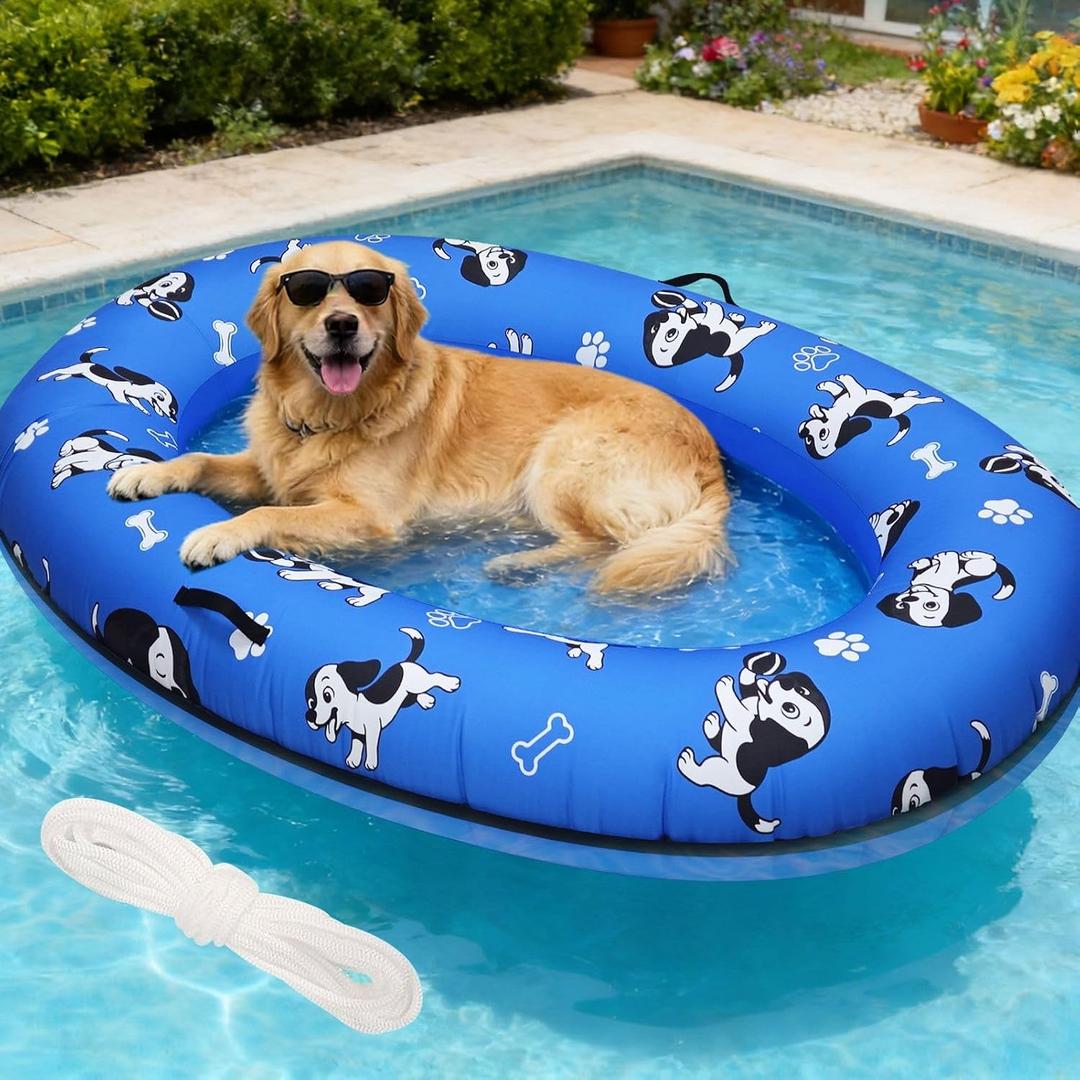 61"x 43" Dog Pool Float Raft with Handle & Rope, Heavy Duty Inflatable Pet Float for Small Medium Large Dogs Up to 150 Lbs, Dog Floaties for Pool, Beach, Lake, River