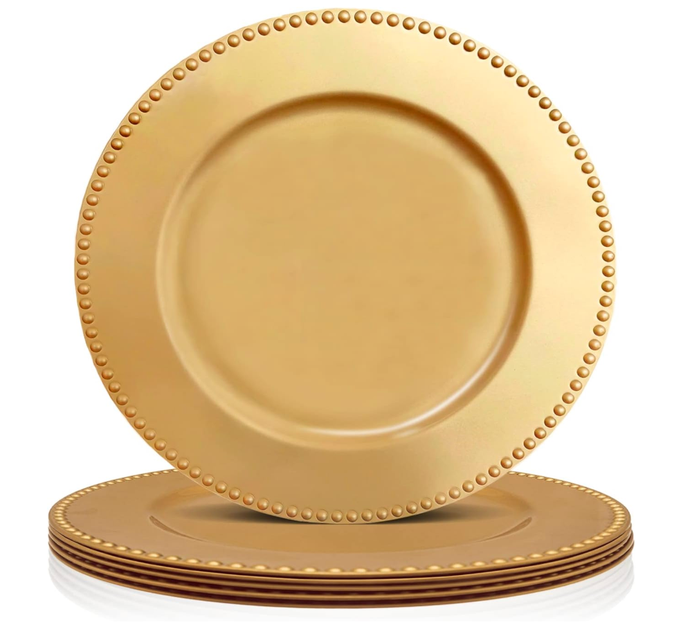 6 Pack Bead Charger Plates, 13 Inch Gold Charger Plates, Plastic Decoration Charger for Dinner Plate, Wedding Catering Event Decoration, Tabletop Decor