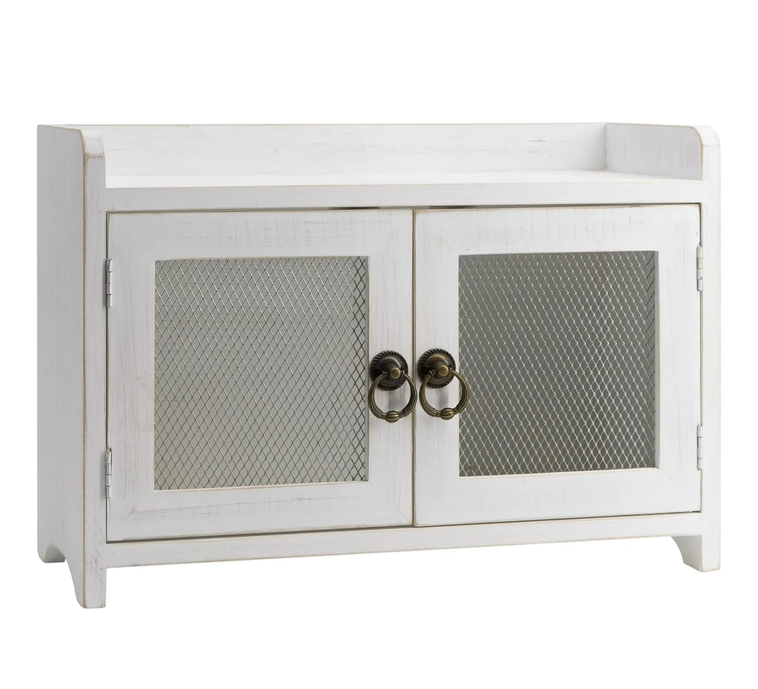 COLLECTIVE HOME - Storage Cabinet, Mini Countertop Cabinet, Distressed Wood Organizer for Kitchen Living Room Bedroom Bathroom Office with Magnetic Door, 14.5 x 6.5 x 10 (White)