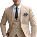 Men's Slim Fit Suit Set 3 Piece Suits for Men Regular Fit Solid Blazer for Business Wedding Prom with a Tie,Champagne,M