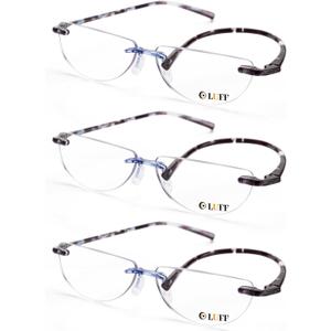 LUFF 3 Pack Rimless Half Moon Reading Glasses TR90 Flexible Lightweight Readers Women Men Blue Light Computer Eyeglasses