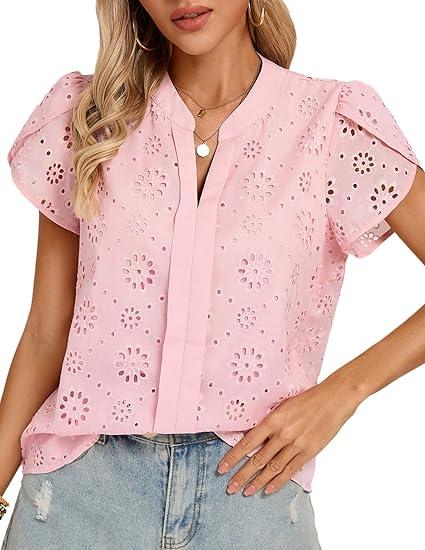 Kate Kasin Women's Summer Dressy Casual Blouses Short Petal Sleeves Eyelet Lace Embroidered Tops Shirts V Neck Tshirt L