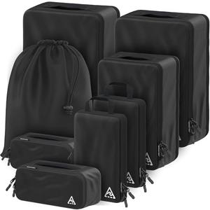 Well Traveled 8 pcs Compression Packing Bags Cubes Set with HybridMax Double-Capacity Design - Packing Cubes for Travel Compression to Maximize Limited Luggage Space, Black