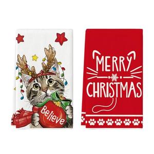 Artoid Mode Red And White Cat Merry Christmas Kitchen Towels Dish Towels, 18x26 Inch Star Xmas Ball Believe Daily Winter Decoration Hand Towels Set of 2