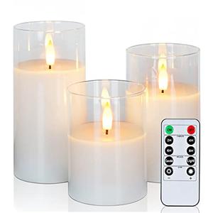 Amagic Clear Glass Flameless Candles Battery Operated with Timer, Remote Control, LED Pillar Candles, Battery Powered, Pure White Wax, Set of 2