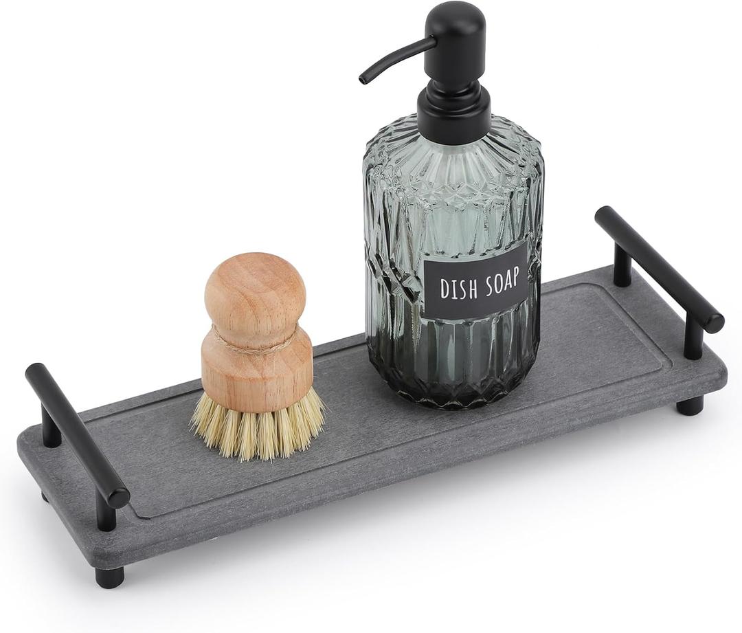 Segbeauty 12x4in Kitchen Sink Organizer, Instant Dry Sink Caddy Stone Drying Mat with Handle, Diatomaceous Earth Fast Drying Stone Vanity Tray Bathroom Sink Mat Soap Holder Countertop Organizer Rack (Gray)