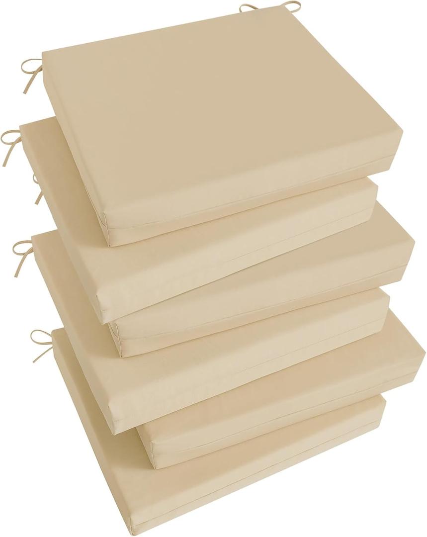 Basic Beyond Outdoor Chair Cushions Set of 6, Square Corner Outdoor Cushions for Patio Furniture, Water Resistant Patio Chair Cushions with 2 Ties, 18.5x16x3, Beige