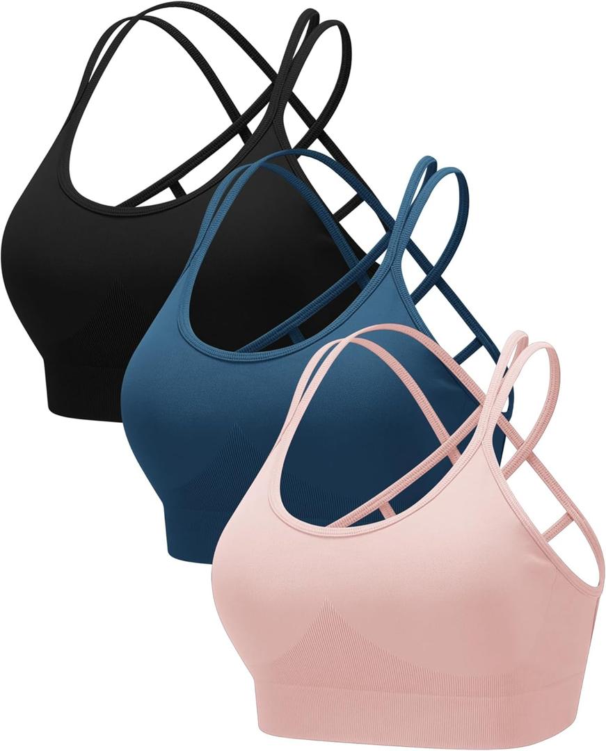 RUNNING GIRL Sports Bras for Women Pack Criss Cross Back Sexy Strappy Sports Bra Seamless Padded Yoga Bra with Removable Cups (3Pack Black/Navy/Pink)
