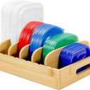 Bamboo Food Container Lids Organizer for Cabinet and Pantry, Wood Lids Holder with 5 Adjustable Dividers