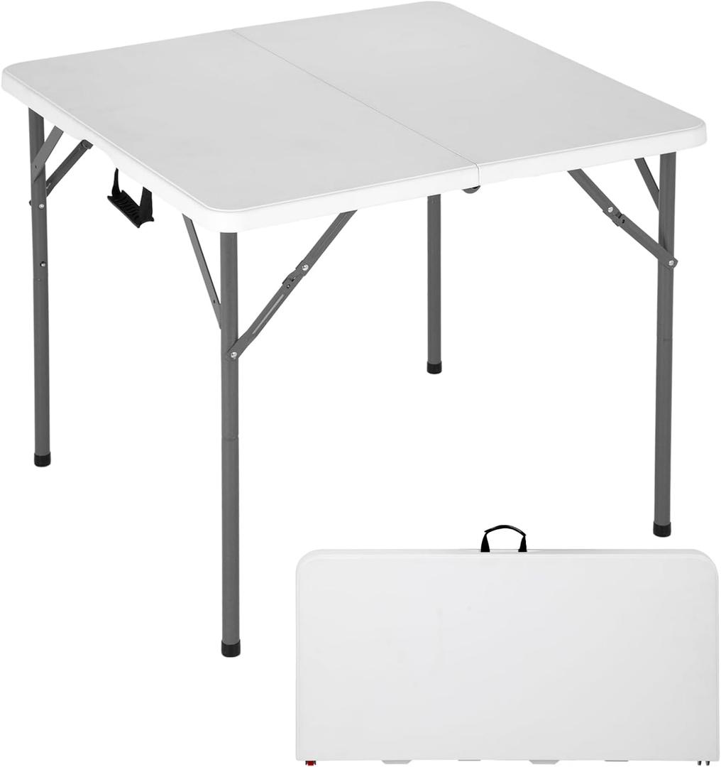 FDW 34" Square Outdoor Dining Table, Foldable Portable Plastic Folding Card Table with Built in Carrying Handle and Height Adjustable for Party and Wedding Use, White