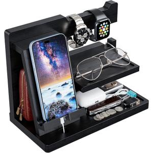 Yirilan Wood Phone Docking Station for Man, Nightstand Charging Organizer and Cell Phone Stand, Birthday Gifts for Men, Dad, Anniversary, Key Holder, Stand Wallet, Watch & Essentials (Black)