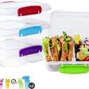 4 Pack Plastic Snack Containers with Lids, 2 Compartment Food Container for Kids Snack Box, Travel Bento Lunch Containers with forks for Fruits/Candies, Divided Food Storage Containers for School (Bright-Color)