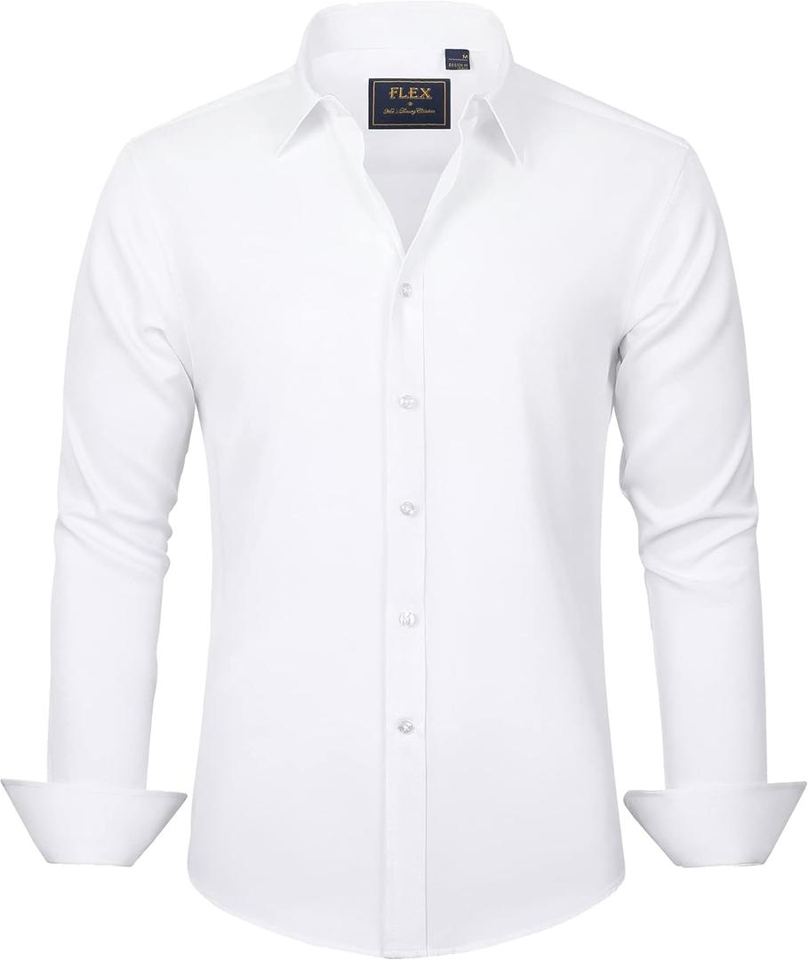 J.VER Men's Dress Shirts Solid Long Sleeve Stretch Wrinkle-Free Formal Shirt Business Casual Button Down Shirts (White, XL)