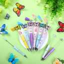 Qeeenar 130 Pcs Beadable Pens Kit Butterfly Bead Plastic Ballpoint Pen with Assorted Spacer Silicone Bead Tassel Lobster Clasp and Packaging Bag for Keychain Making Office Friends Gift Black Ink