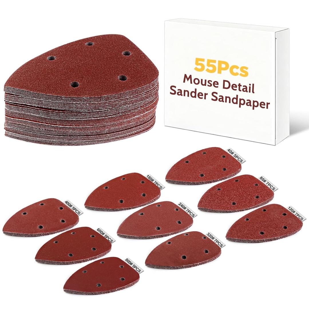 55Pcs Mouse Detail Sander Sandpaper, 9 Grits (40-800) Premium Triangle Sanding Pads - Replacement Mouse Detail Sander Pads for Sanding & Polishing