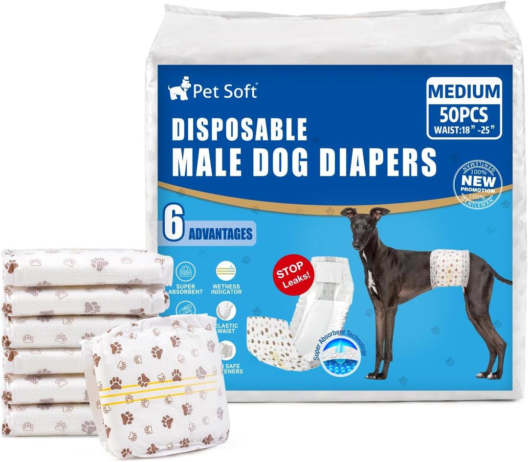 Pet Soft Dog Diapers Male - Disposable Male Dog Wraps Wetness Indicator, Ultra Absorbent Doggie Diapers Comfortable for Incontinence Excitable Urination, 50pcs Medium