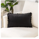 12x20 Throw Pillow Cases 2 Pack Cozy Soft Pom-poms Velvet Rectangular Decorative Pillow Covers for Farmhouse Boho Home Decor (Black)