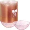 50 Pcs 12 oz Clear Plastic Bowls Hammered with Gold Rimmed, Heavyweight Disposable Bowl Set, Salad Dinner Bowls for Party, Wedding, Holiday, Catering (Pink)