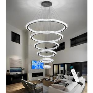 Modern Chandelier 8"+16"+24"+32"+40"+47" 6 Rings Crystal LED Dimmable Lighting Foyer Entryway High Ceiling Living Room Chanderliers Pendant Lights Fixtures Silver Light