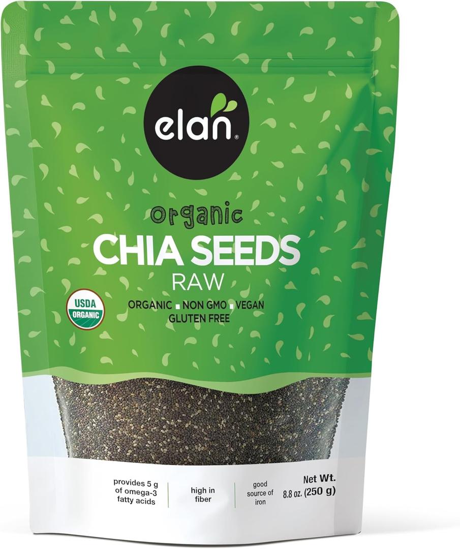 Elan Organic Chia Seeds, 8.8 oz, Natural Raw Black Chia Seeds, Plant-Based, Non-GMO, Vegan, Gluten-Free, Kosher, Gels Easily, Superfood (EXP 05/02/27)
