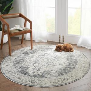 jinchan Round Rug 5ft Washable Area Rug Indoor Vintage Floor Cover Distressed Circle Mat 5' Round Lightweight Non Slip Low Pile Thin Carpet for Entryway Kitchen Living Room Bedroom Grey