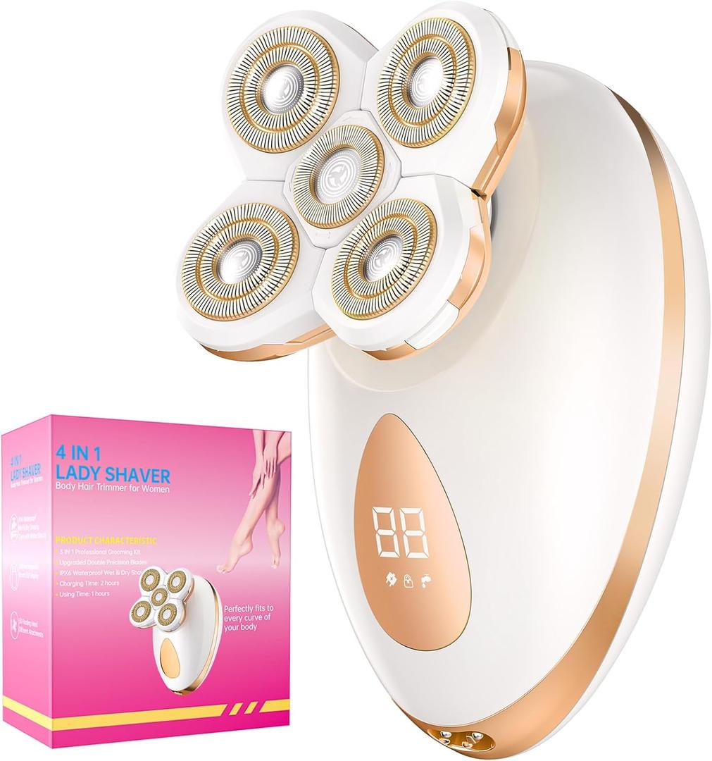 Electric Razors for Women, 5-in-1 Multi-Function Body Shavers for Women Legs, Cordless Ideal Travel Trimmer - Waterproof Wet/Dry Hair Remover Kit, Rechargeable, Gold