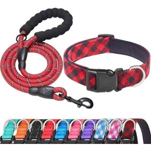 Ladoogo Reflective Dog Collar Padded with Soft Neoprene Breathable Adjustable Nylon Dog Collars for Small Medium Large Dogs (X-Small (Pack of 1), Red Plaid Collar+Leash)