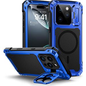 Lanhiem for iPhone 16 Pro Max Metal Case with Camera Cover & Stand [Compatible with MagSafe] [Built-in Kickstand] [Military-Grade Protection] Heavy Duty Rugged Magnetic Phone Case, (Blue)