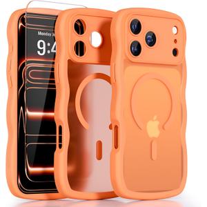 QVLANG Case for iPhone 17 Air, Cute Wave Cover Case, Upgraded[Full Camera Protection][Compatible with Magsafe][Military Grade Protection][Translucent Matte] Phone Case for Women Girls, Orange