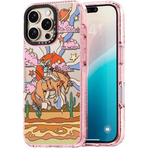 for iPhone 16 Pro Max Case Cute - Durable Shockproof 6.6 ft Drop Impact Phone Case - Funny Cowboy Design (6.9") Glitter Pink