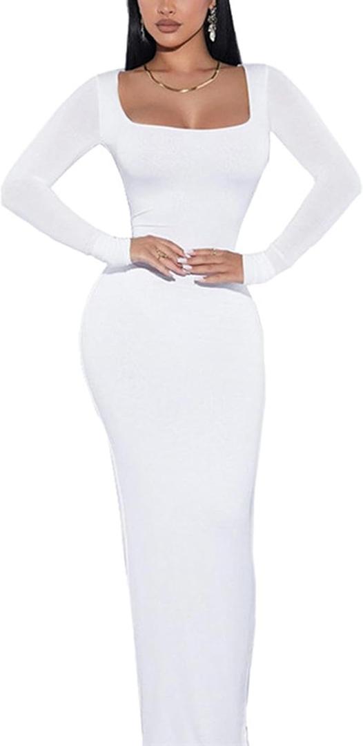 Doweha Women's Square Neck Long Sleeve Maxi Dress Sexy Knit Bodycon Long Dress for Women L