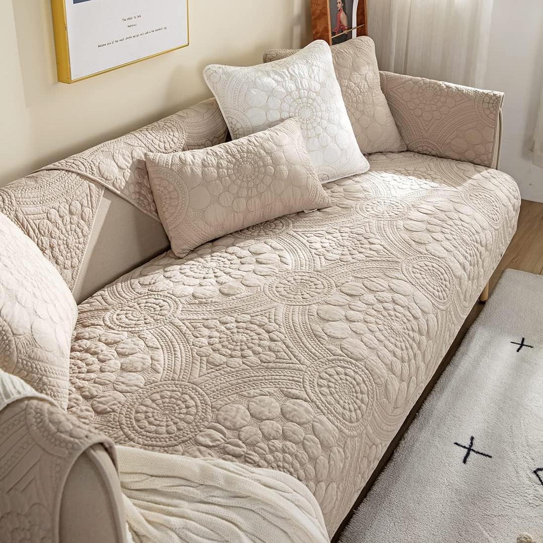 Cotton Quilted Sofa Cover Boho Circle Embroidered Sectional Couch Slipcover Solid Color Non Slip Sofa Slipcover Furniture Protector for Dogs, Pets, Children (Khaki,28"x28")