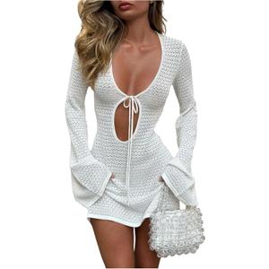 SOLY HUX Women's Hollow Out Crochet Long Bell Sleeve Mini Sweater Dress Tie Front V Neck Summer Beach Coverup Dresses (L)