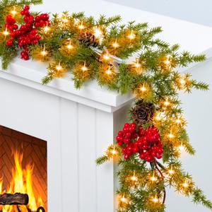 6.5FT Christmas Garland with Star Lights,Prelit Christmas Decorations,Lighted Garland with Battery Operated, Realistic Small Thorny Pine Greenery Home Decor for Mantle Fireplace Table Indoor Outdoor